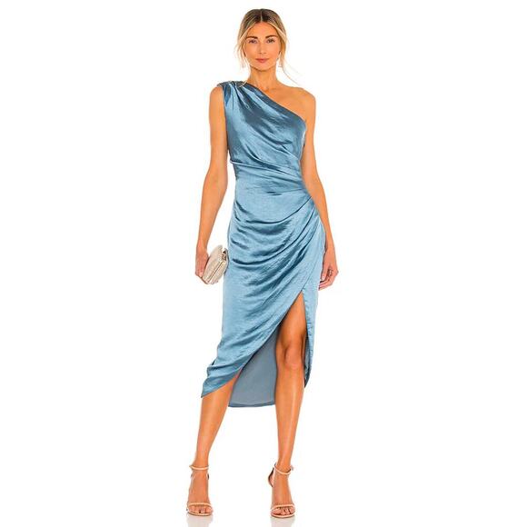 Elliatt Cassini One Shoulder Ruched Midi Dress Blue Small Formal Wedding Gown - Picture 1 of 8